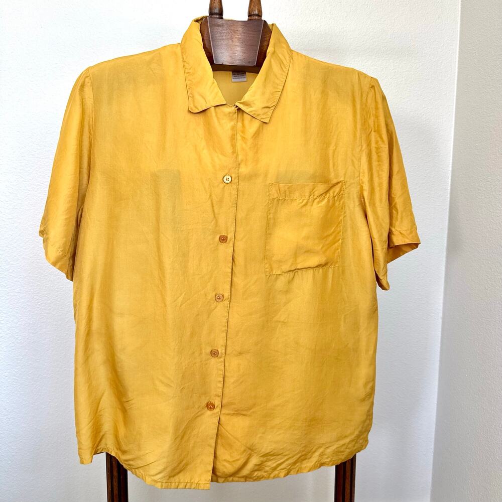 Selica 100% Silk Mustard Yellow Button Front Blouse Size 14 Relaxed Short Sleeve
